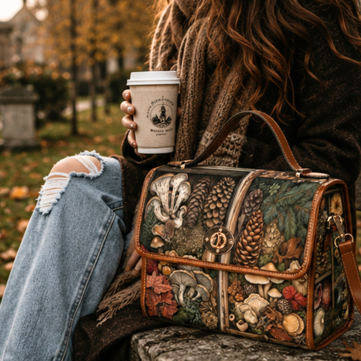 A person in a cozy outdoor setting holds a paper coffee cup while sitting beside a handbag. The bag has an intricate autumn-themed print with mushrooms, pinecones, leaves, and wood textures, brown leather trim, and a front clasp with a circular logo.