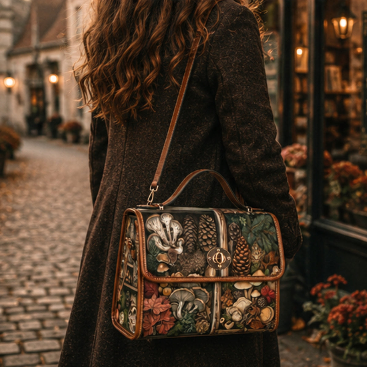 A woman in a dark brown coat carries a structured rectangular shoulder bag with an intricate autumn-themed floral and botanical print featuring mushrooms, pinecones, and leaves, set against a cozy, blurred cobblestone street background.