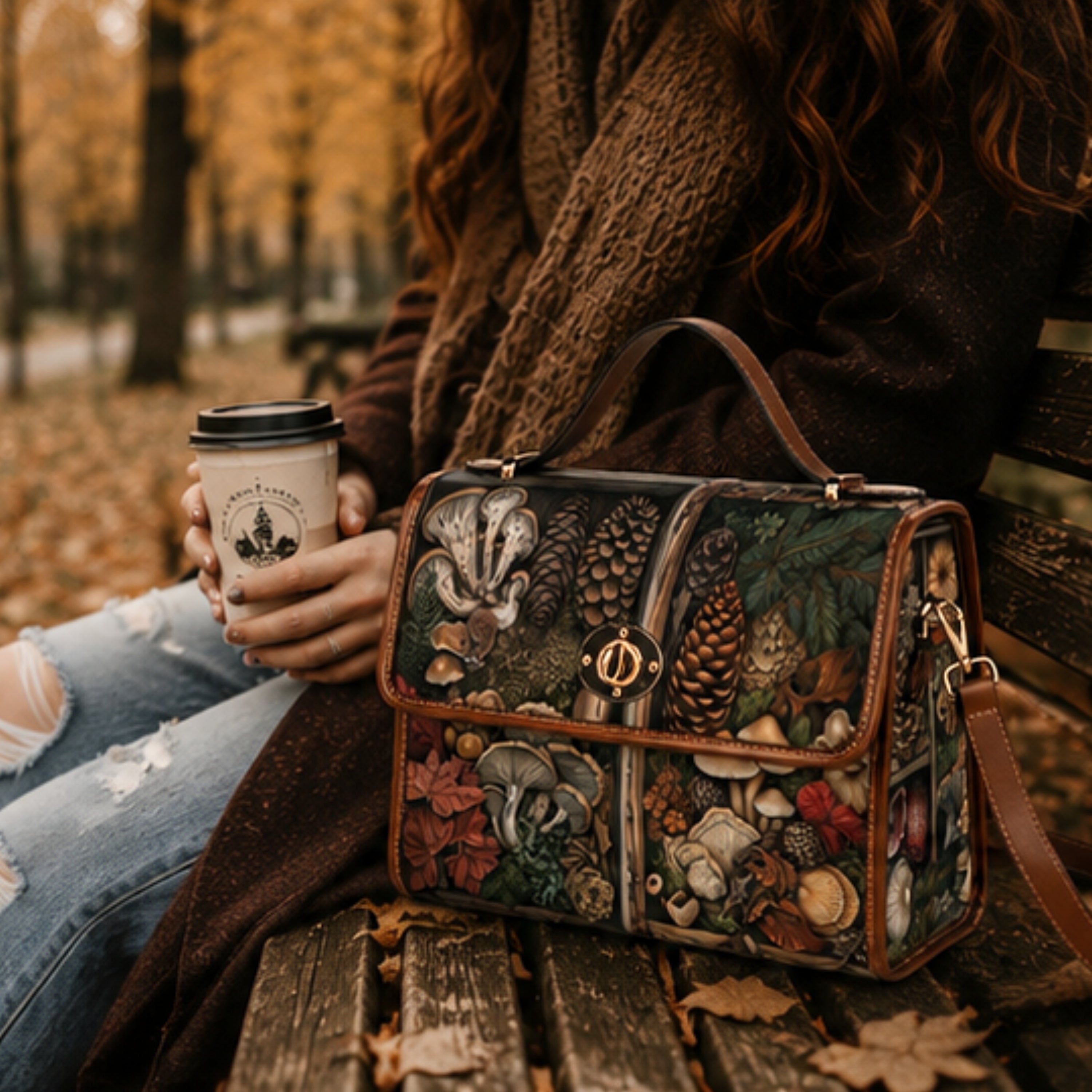 A person sitting on a wooden bench in an autumn park holds a coffee cup while wearing a brown knit sweater and ripped blue jeans. A decorative rectangular handbag with a top handle and shoulder strap rests on the bench.