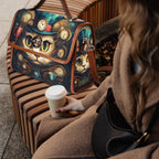 Person sitting on a bench with a colorful handbag and a coffee cup.