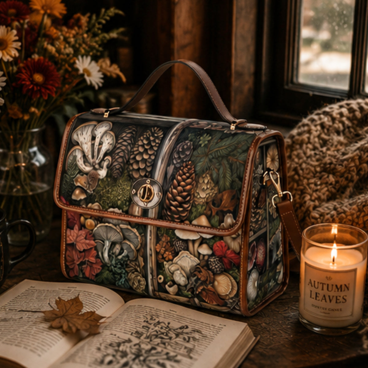 A rectangular tote bag with a detailed autumn forest and mushroom print, styled on a rustic wooden table next to an open book, a lit candle, and dried flowers.