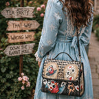 Woman in a blue dress holding a decorative handbag with card designs, standing near a wooden signpost.