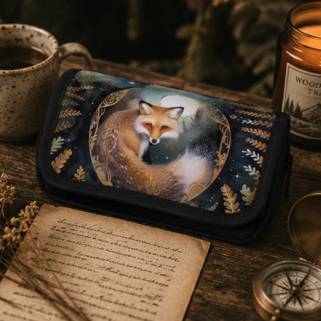 Handbag with fox design on a wooden surface with a cup, candle, and compass.