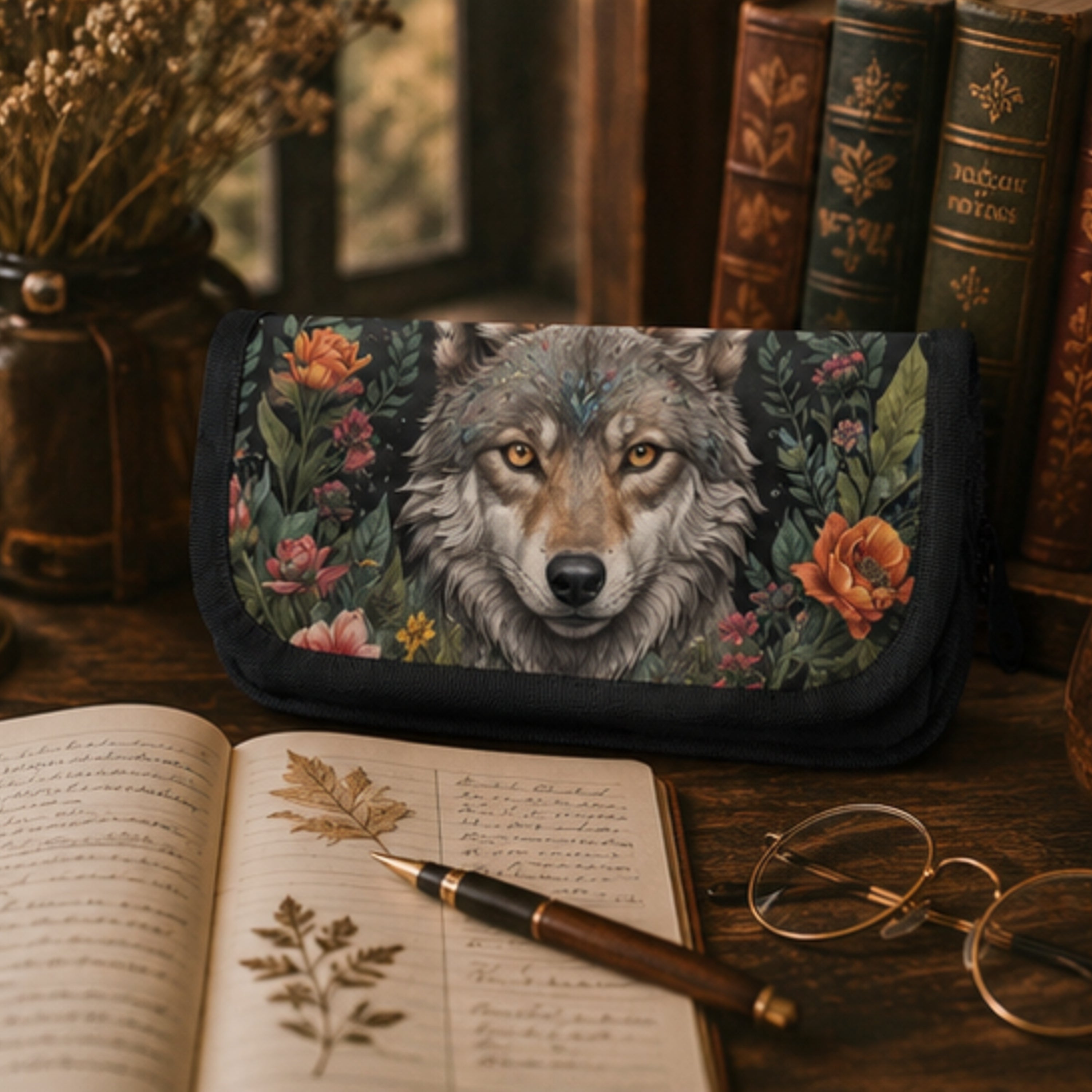 Small pouch with a wolf design on a table with books and an open notebook.