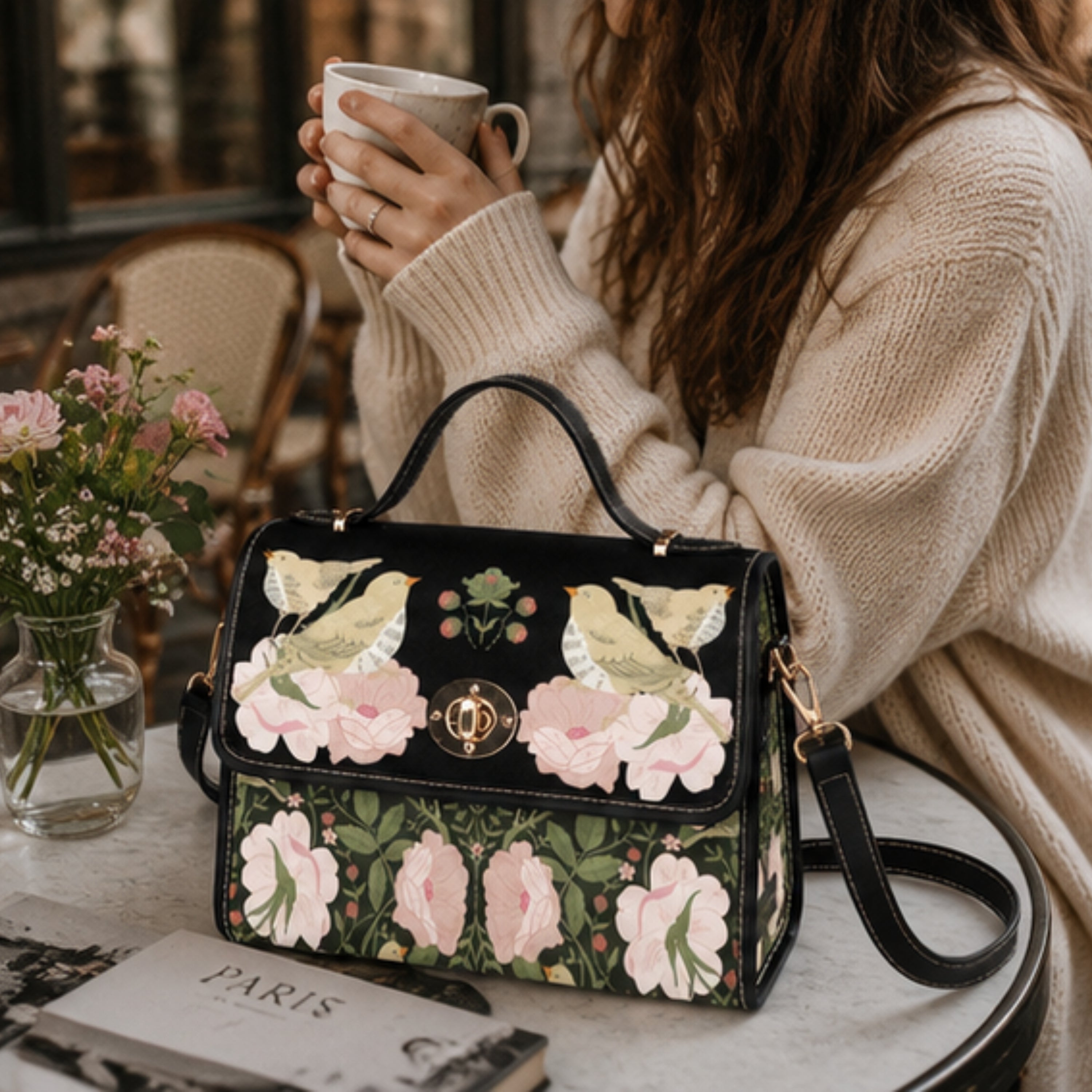 Woman holding a floral handbag with a cup of coffee in a cozy setting