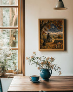 A framed art print depicting a rustic night scene with a cowboy riding through an autumn landscape, hanging on a white wall above a wooden table with a blue vase and flowers.