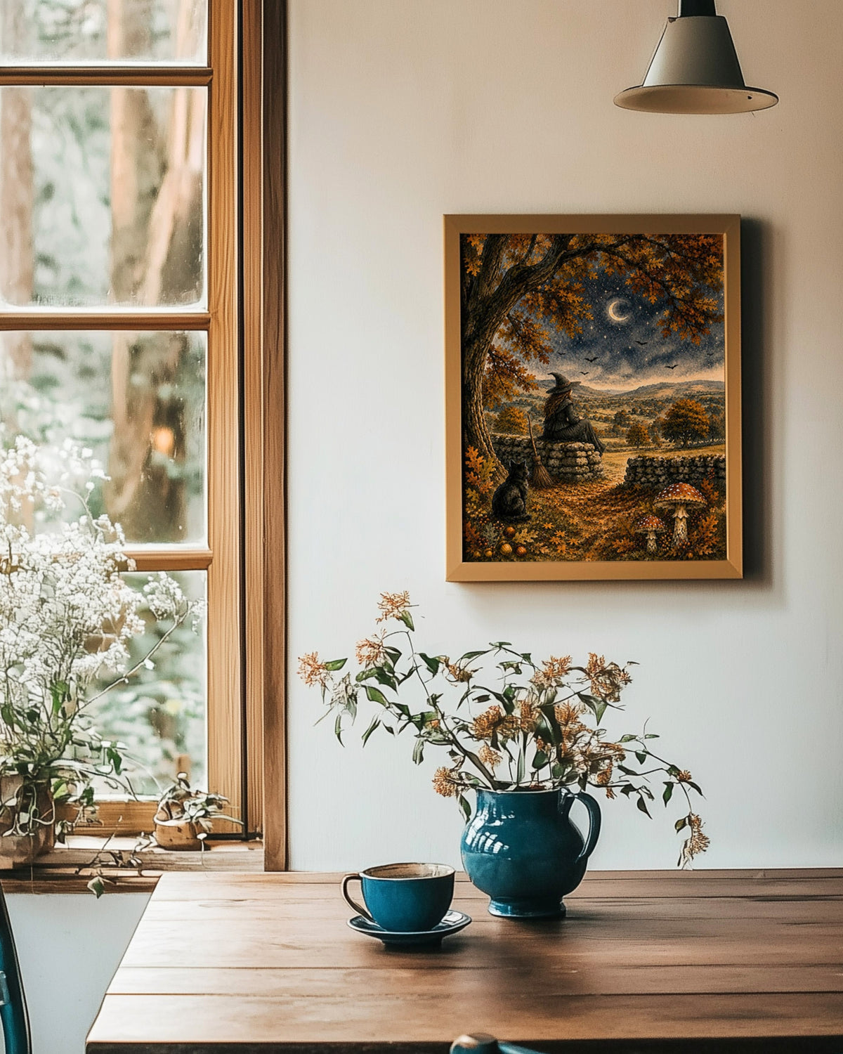 A framed art print depicting a rustic night scene with a cowboy riding through an autumn landscape, hanging on a white wall above a wooden table with a blue vase and flowers.
