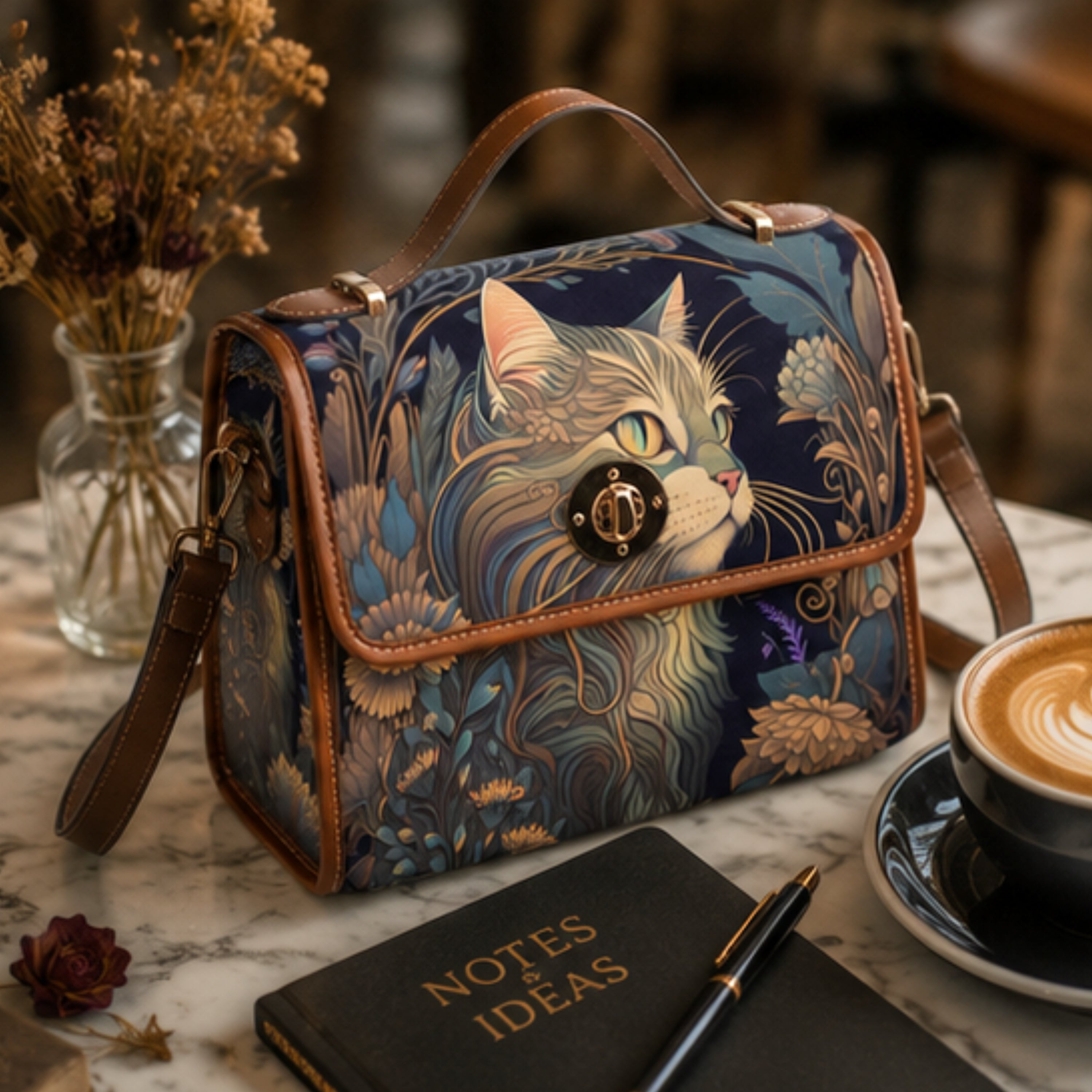 Handbag with cat design on a table with a notebook and coffee.