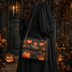 A woman in a black dress is shown from behind carrying a dark brown leather shoulder bag decorated with a detailed illustration of orange pumpkins, a black cat, and autumn leaves.