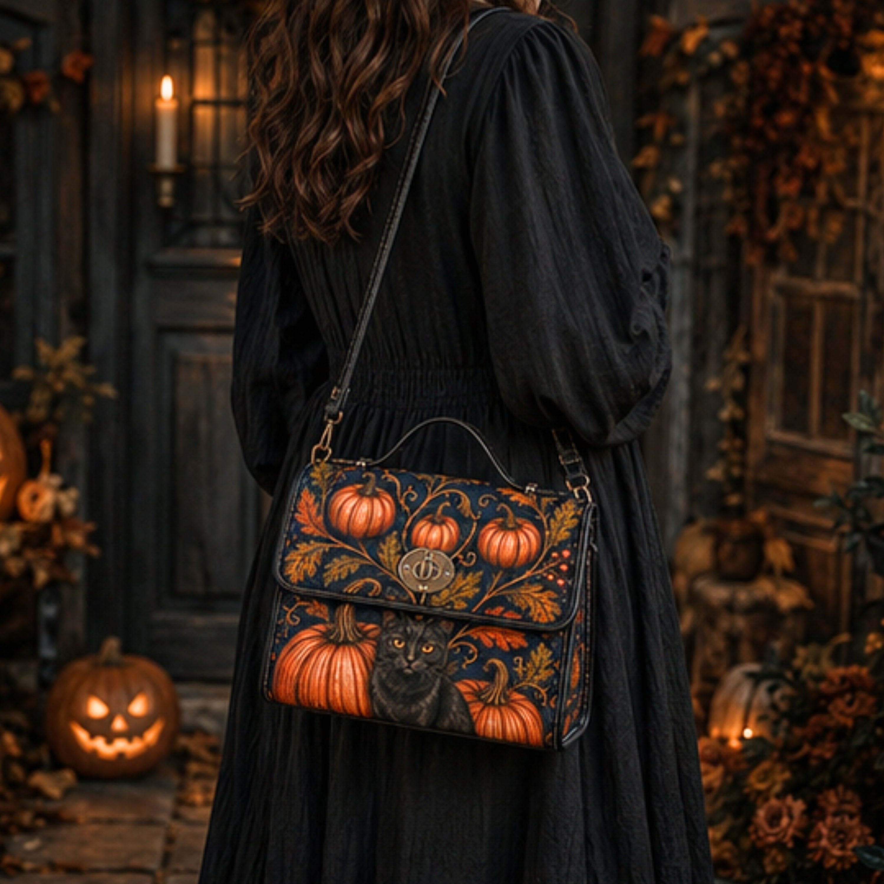 A woman in a black dress is shown from behind carrying a dark brown leather shoulder bag decorated with a detailed illustration of orange pumpkins, a black cat, and autumn leaves.