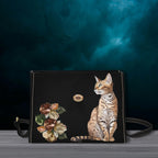 Fae & Magpie Bengal Cat Satchel Handbag with adjustable strap, featuring a detailed Bengal cat design in brown and black tones.