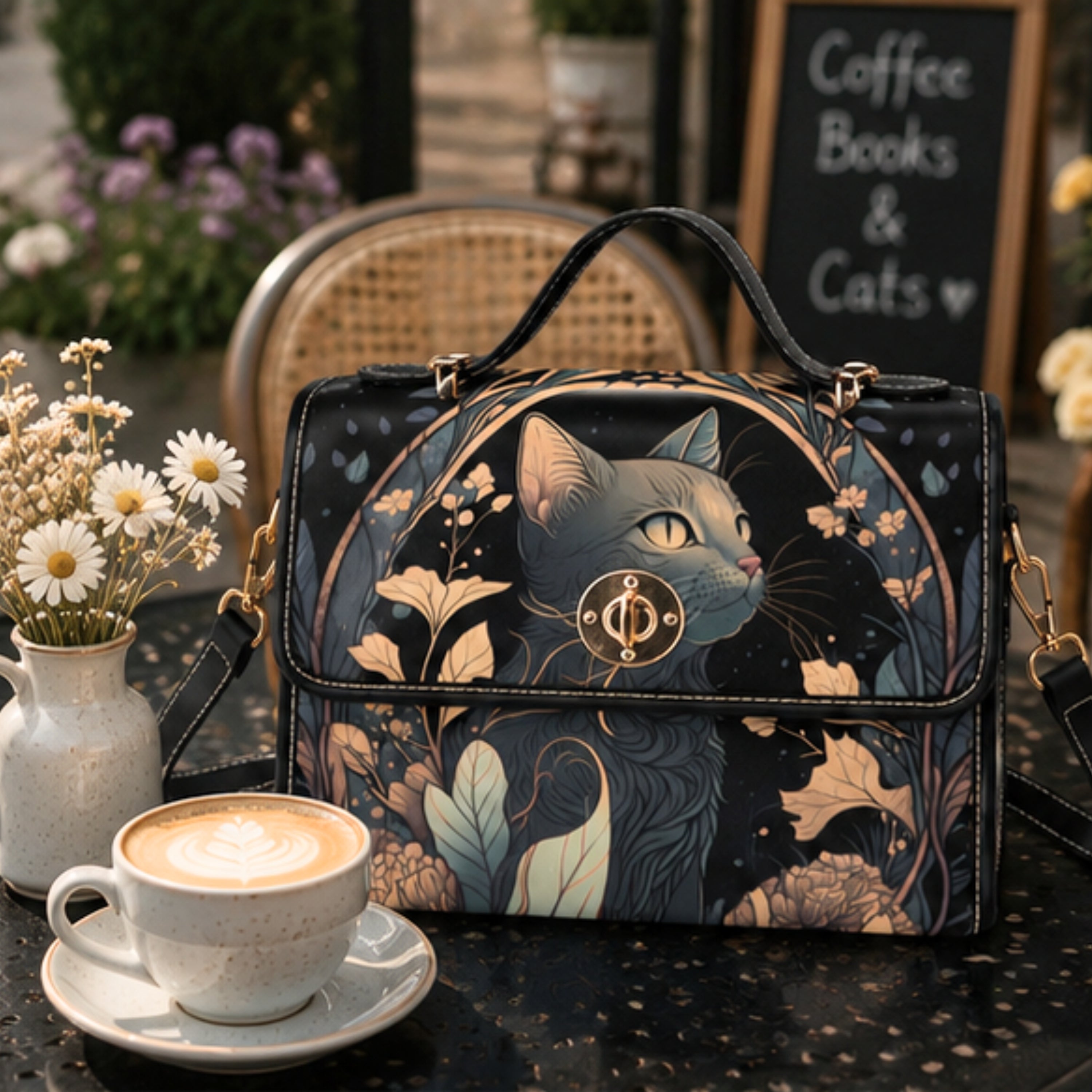 Handbag with cat design on a table with a cup of coffee and flowers