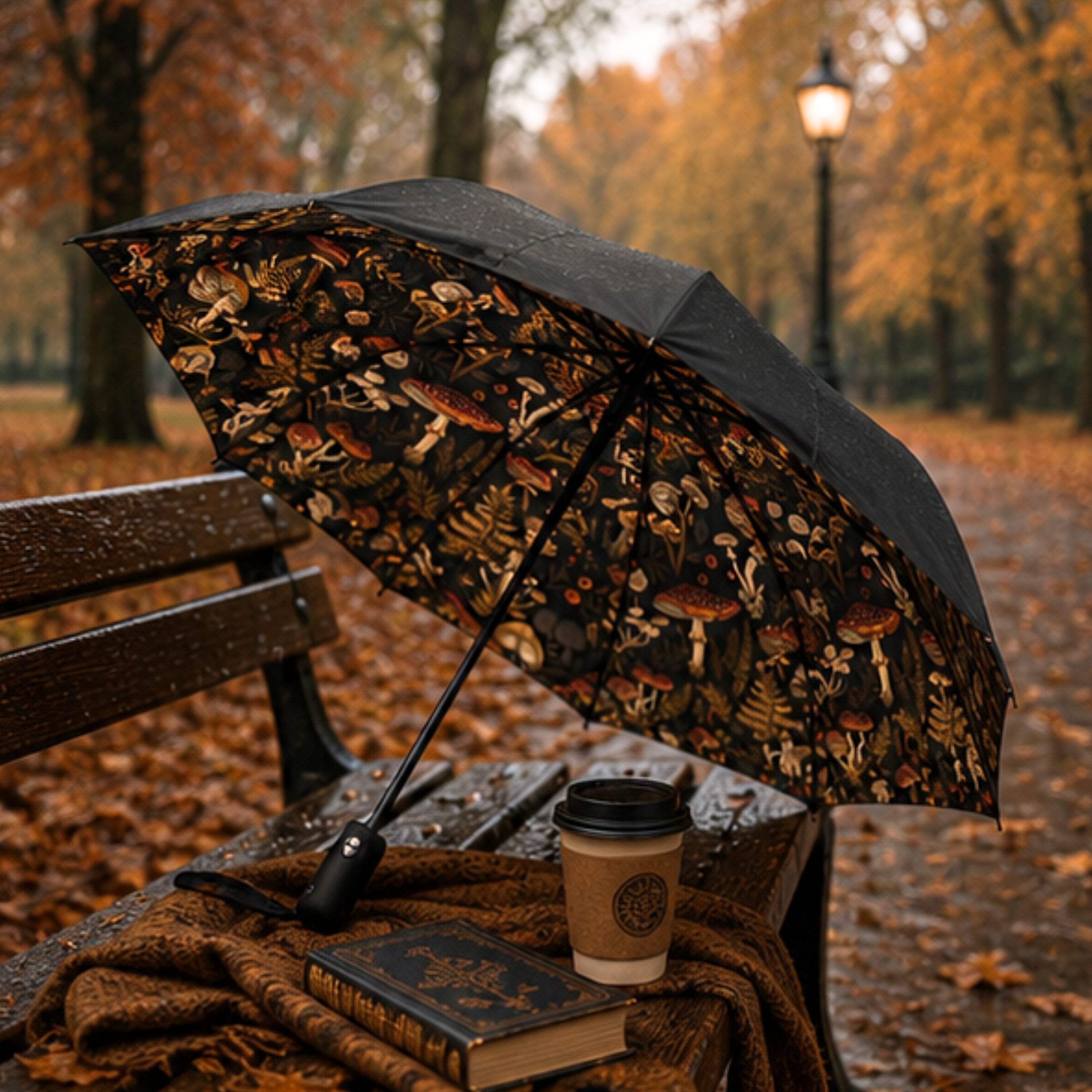 Decorative umbrella with autumn design on a table with a coffee cup and book in a park setting.