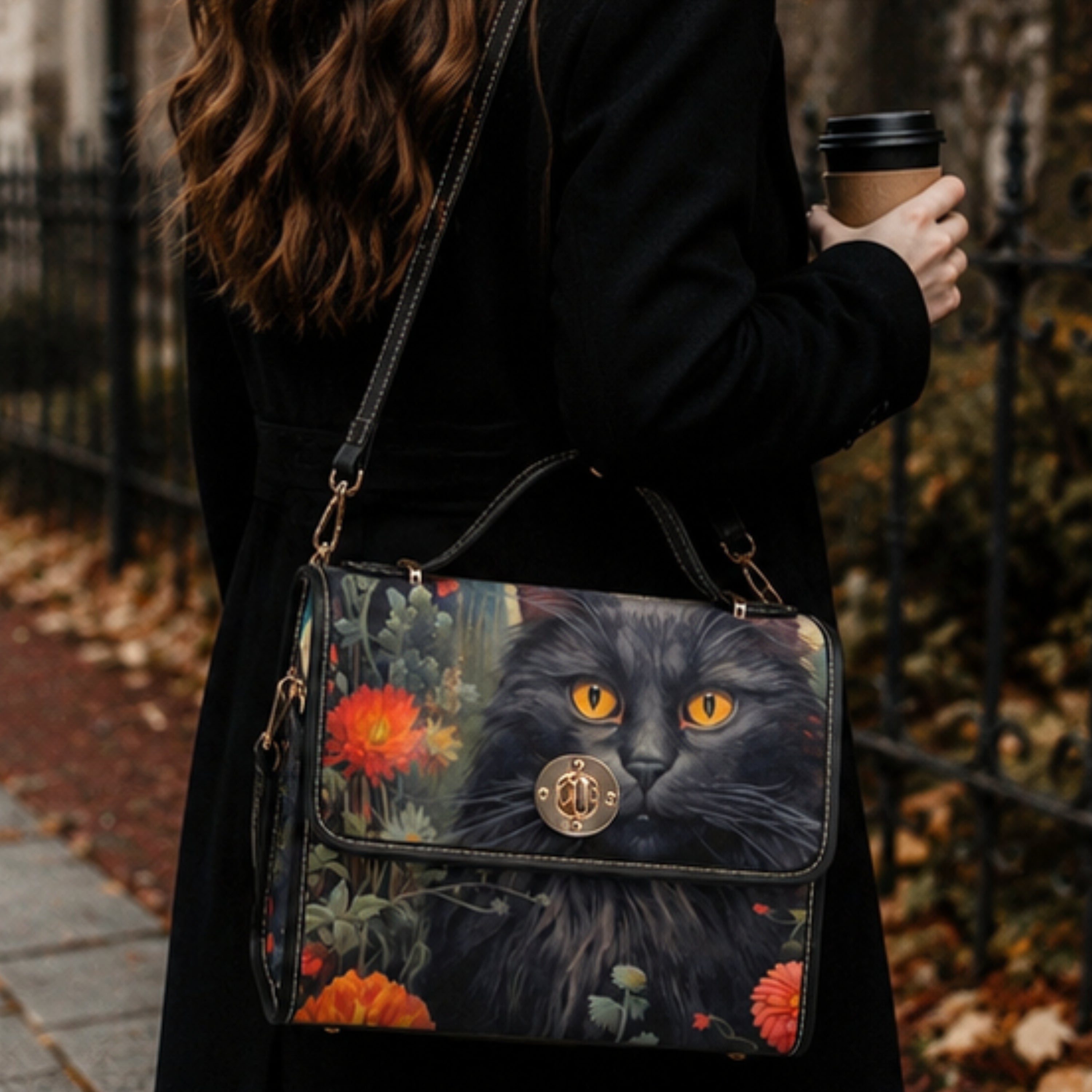 A woman in a black coat carries a black handbag featuring a printed portrait of a black cat with orange eyes and orange flowers. The bag has a top handle, a shoulder strap, and a round gold-tone front clasp.