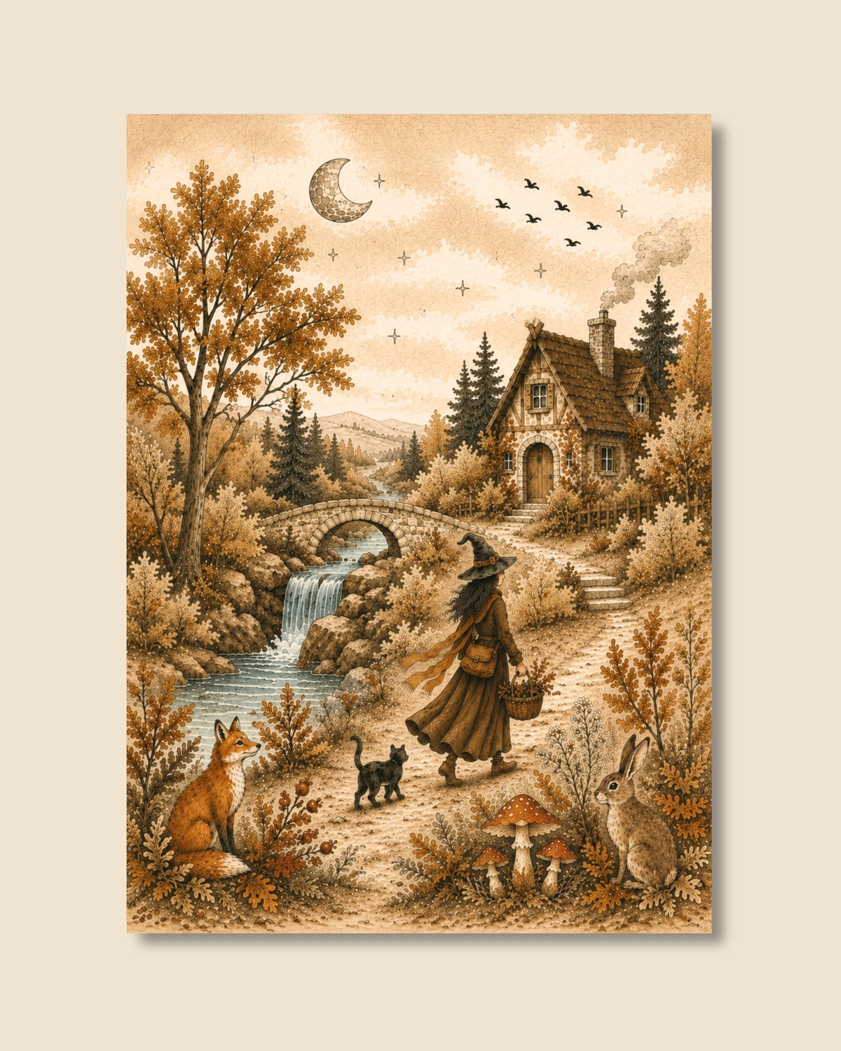 A vertical art print featuring a whimsical autumn fairy tale scene with a witch walking a path toward a cottage, a stream with a waterfall, a fox, a cat, a rabbit, mushrooms, trees, and a crescent moon, shown against a light beige background.