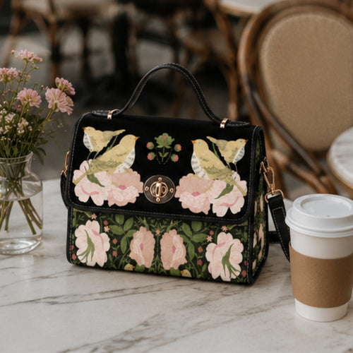 Floral handbag on a marble surface with a blurred background