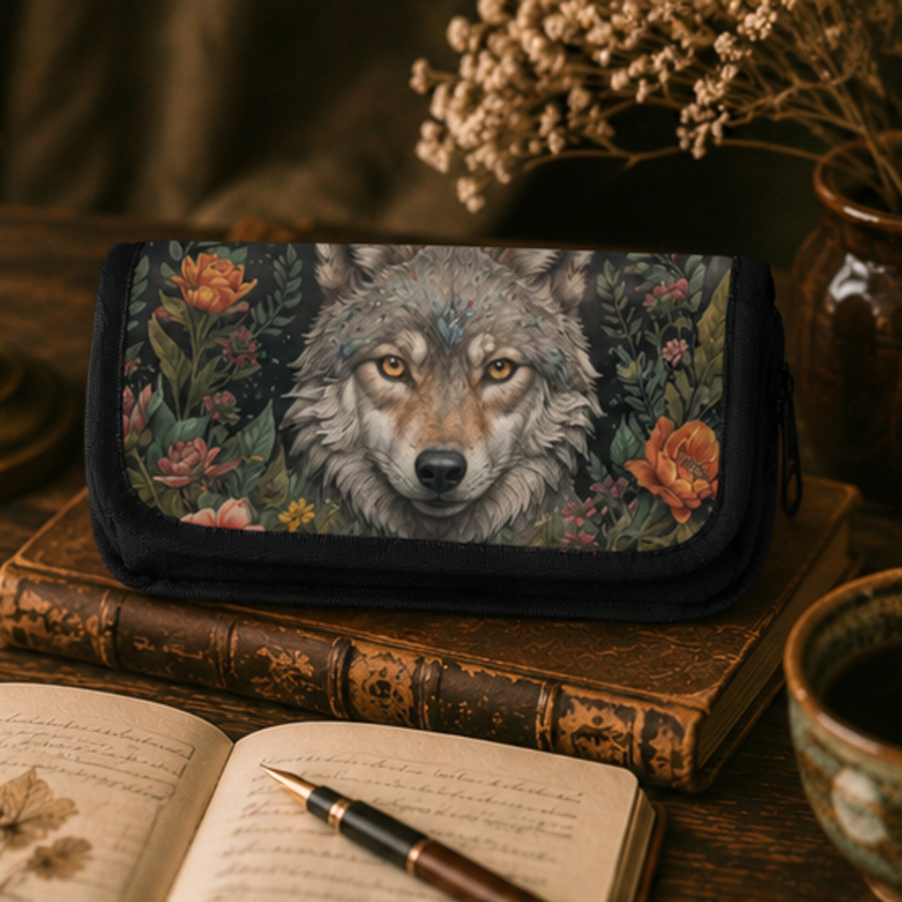 Floral-patterned pouch with a wolf design on a wooden surface with books and a cup.
