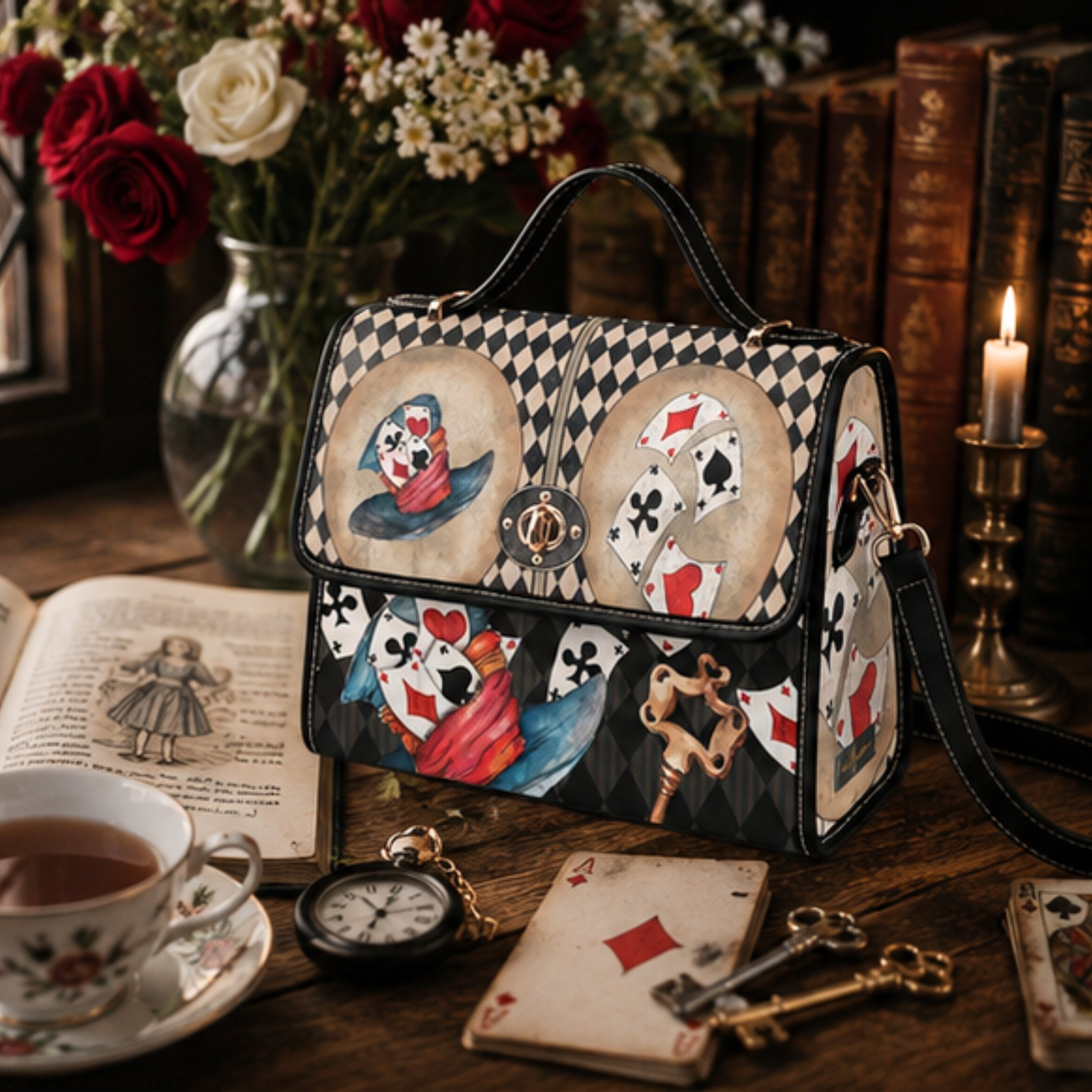 Handbag with playing card design on a table with tea, cards, and books