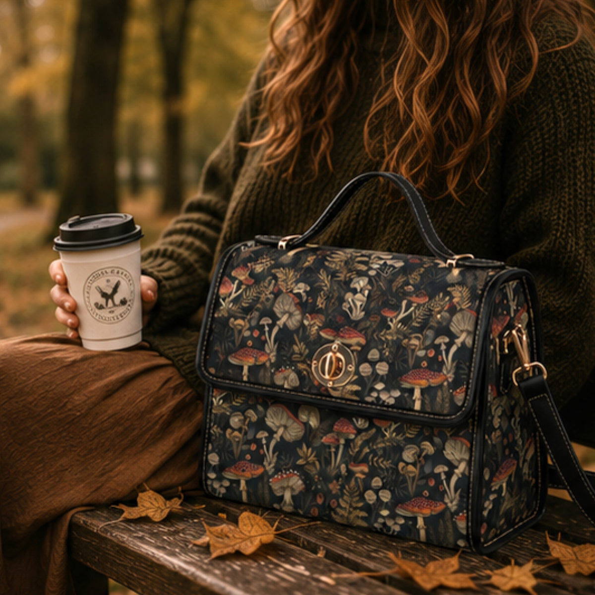 A person seated outdoors on a wooden bench holds a takeaway coffee cup while the bag rests beside them. The product is a structured handbag with a dark navy background and an allover woodland mushroom print in muted red, beige, and green tones, with black trim and gold-tone hardware.