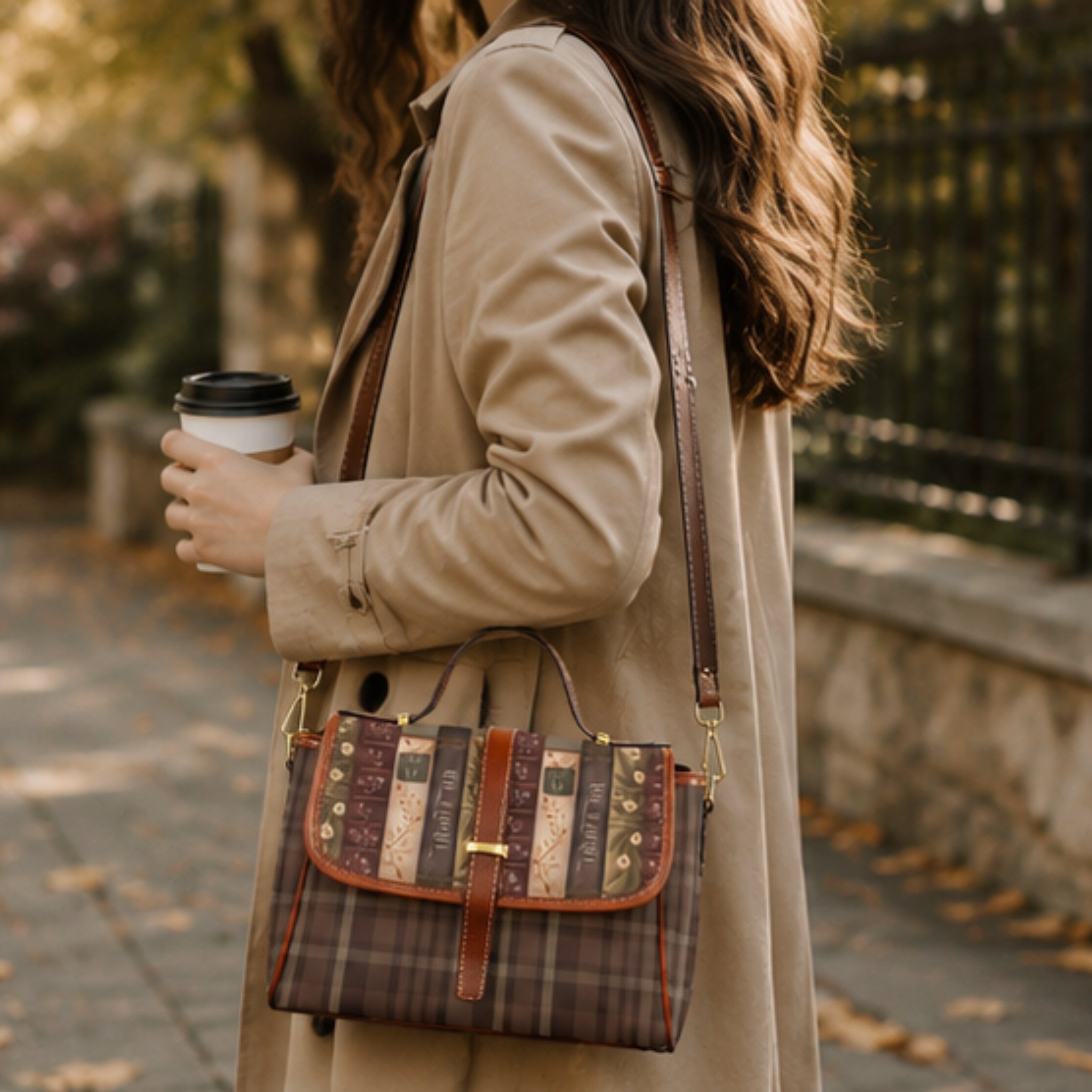 Person holding a coffee cup and a patterned handbag on a sidewalk.
