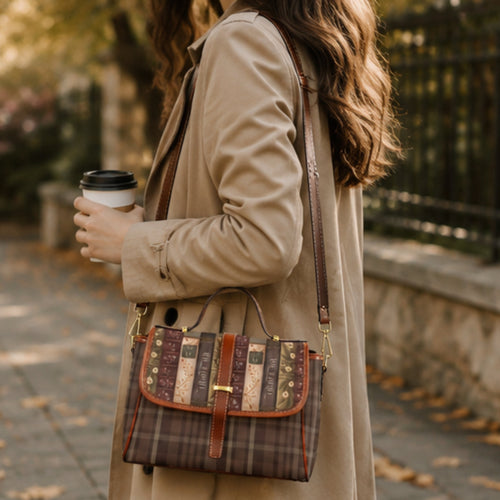 Person holding a coffee cup and a patterned handbag on a sidewalk.