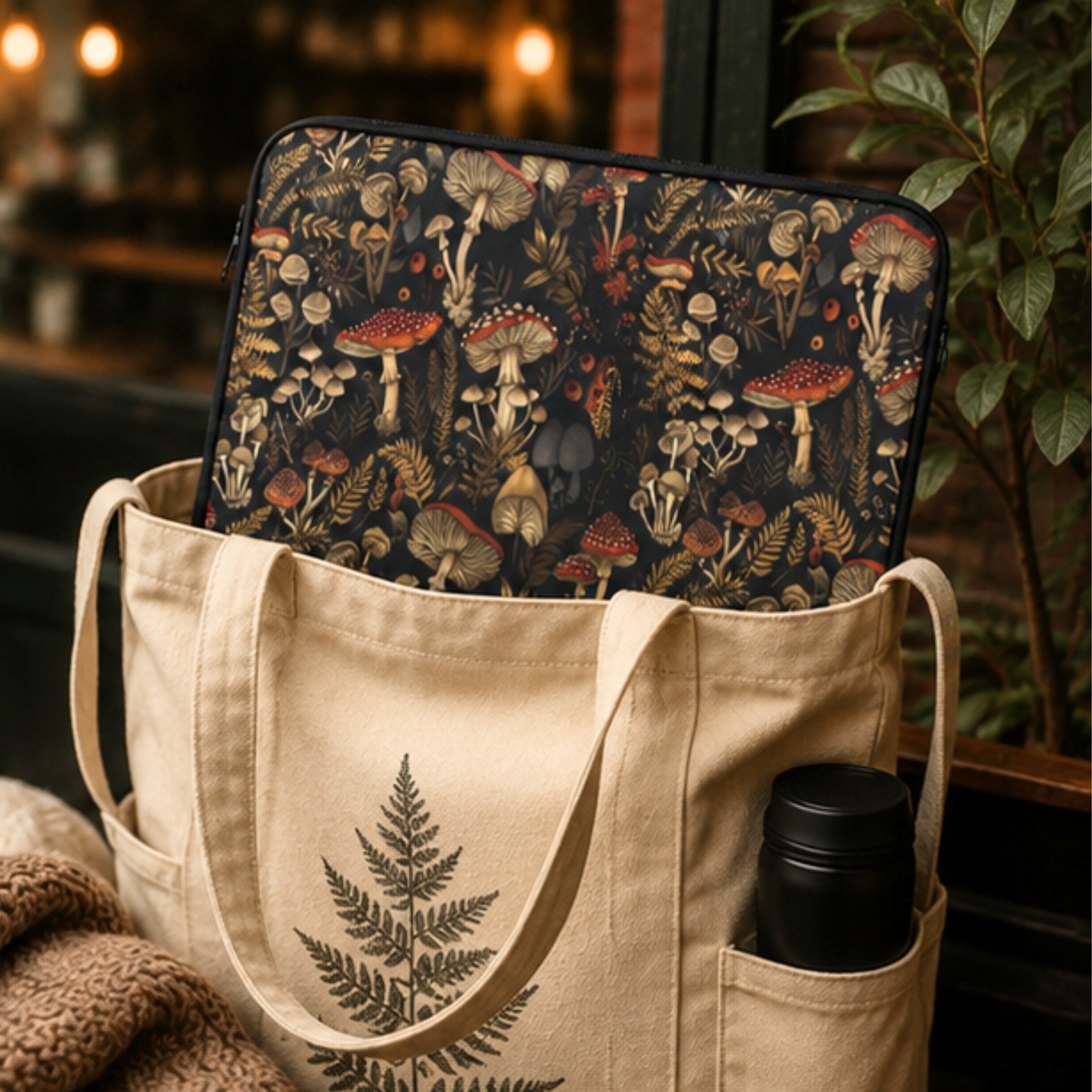 Beige tote bag with fern design containing a laptop case with mushroom pattern.