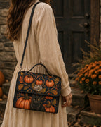 A woman in a beige dress carries a black shoulder bag decorated with orange pumpkins, autumn leaves, and a black cat, set against a rustic outdoor background with a dark wooden door and orange flowers.