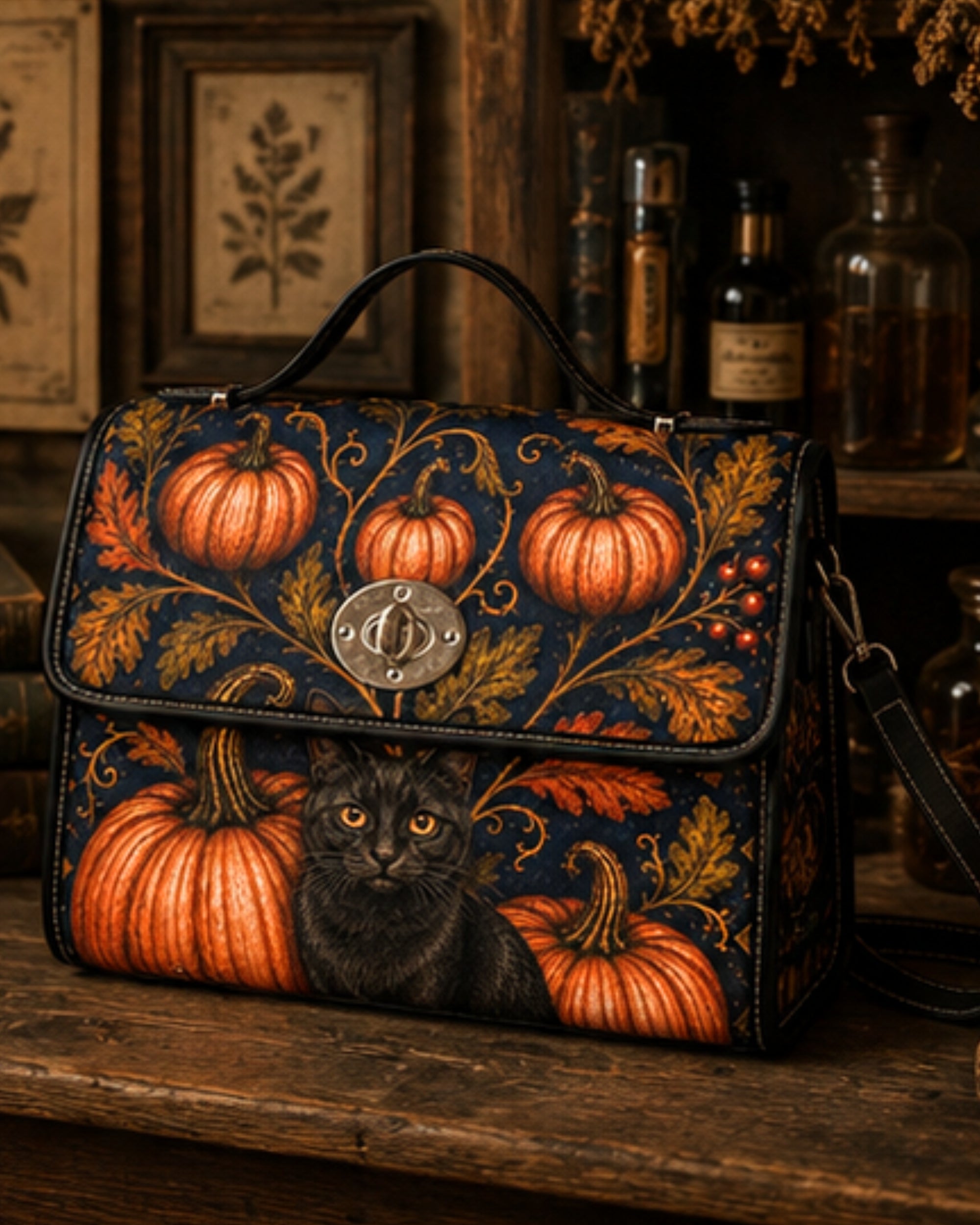 A dark navy handbag with a detailed autumnal print featuring orange pumpkins, gold leaves, and a black cat, displayed on a rustic wooden shelf.