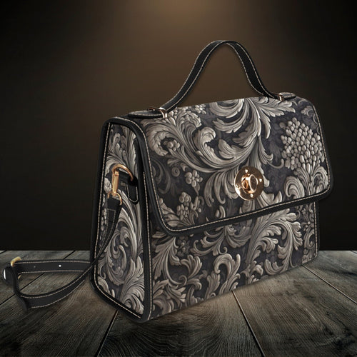 Decorative handbag with intricate patterns on a wooden surface