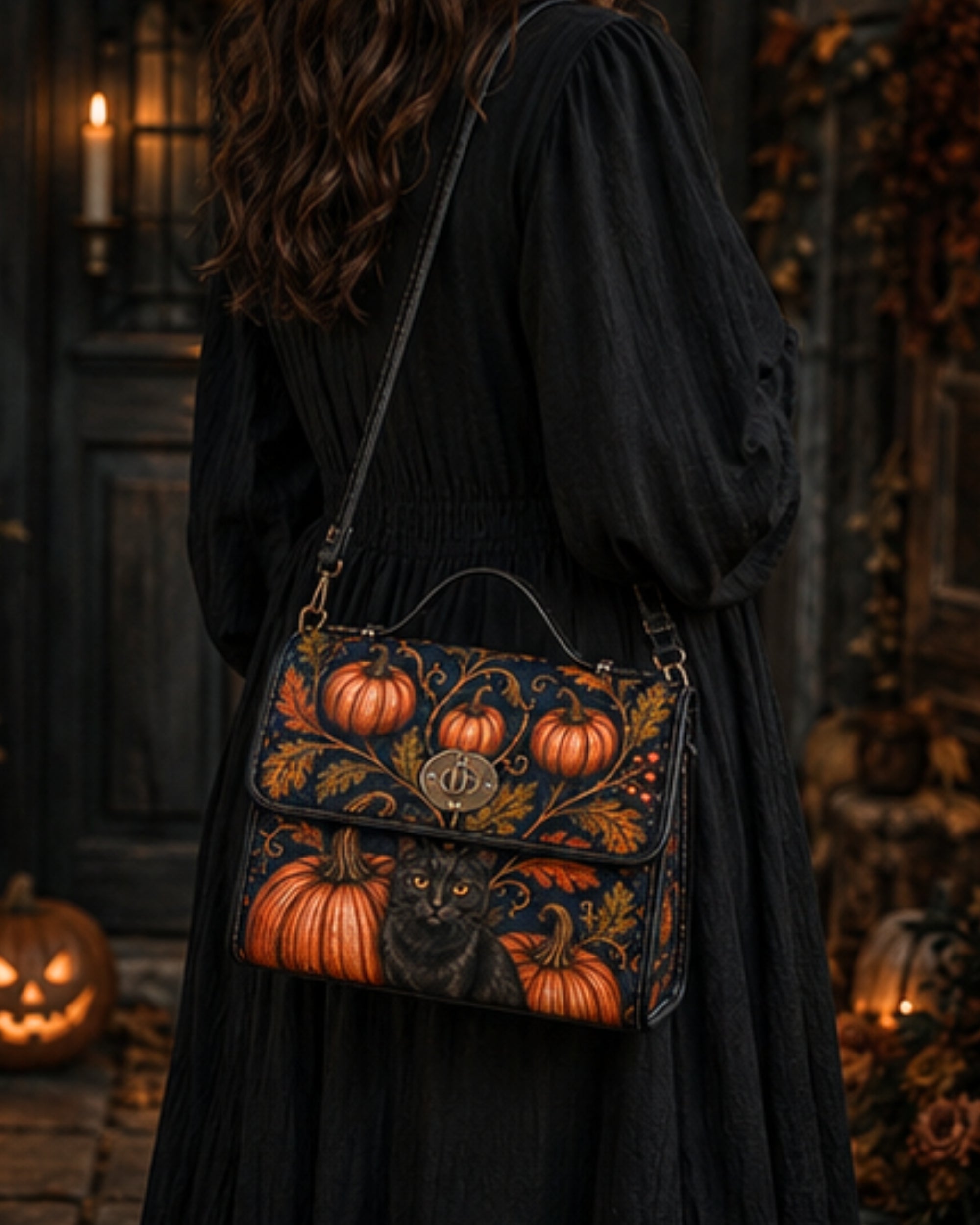 A woman in a long black dress carries a dark crossbody bag decorated with orange pumpkins, autumn leaves, and a black cat, photographed in a dimly lit Halloween-themed outdoor setting.