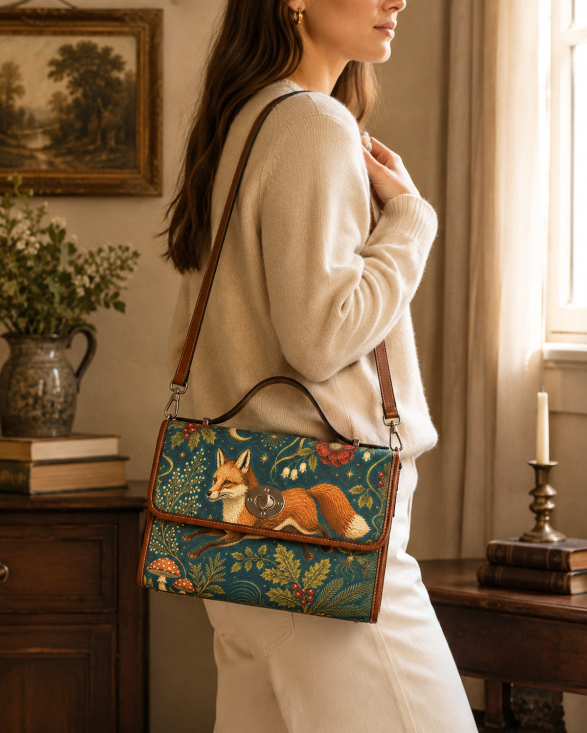 A woman in a cream sweater and white pants carries a teal floral shoulder bag with a fox illustration and brown leather trim in a warm, sunlit room.