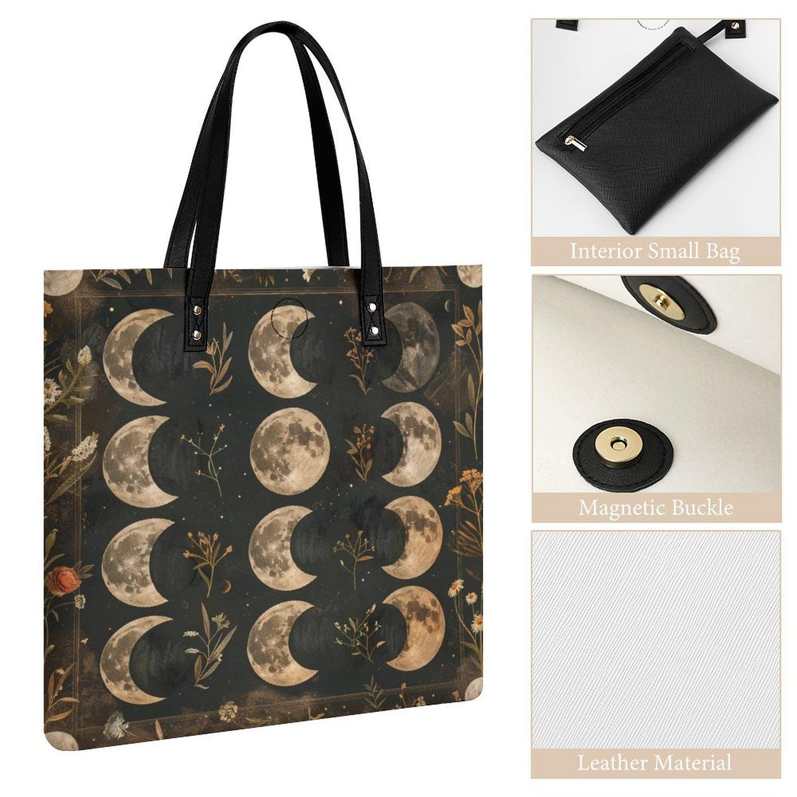 Moon Phase Faux Leather Tote Bag