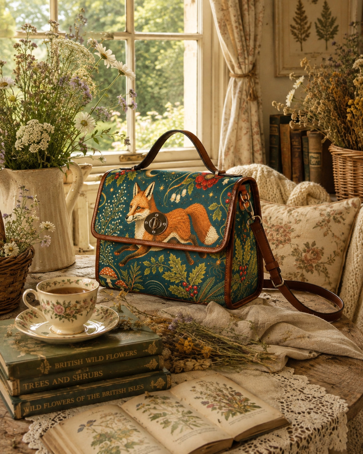 A vintage-style fox print handbag with brown leather trim and a top handle, styled on a rustic table in a cozy, sunlit room with books, a teacup, and dried flowers.