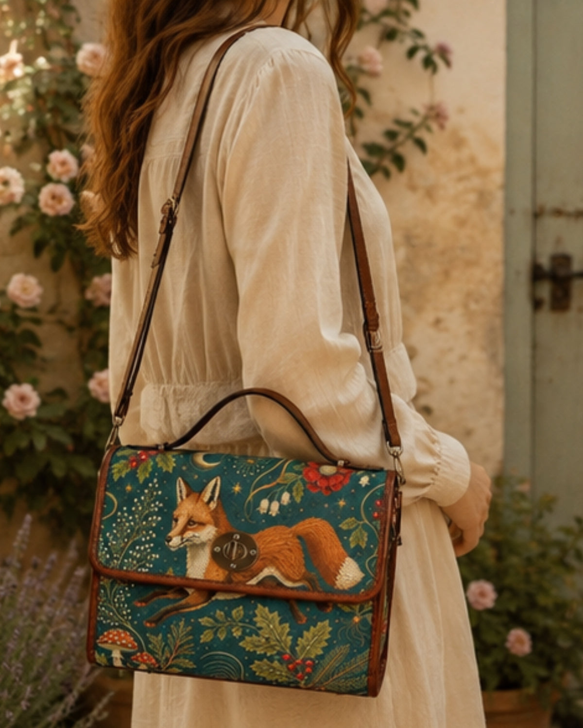 eal fox handbag with woodland flowers, mushrooms, berries and crescent moon design