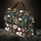 Floral and mushroom patterned handbag on a wooden surface with a dark background