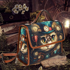 Handbag with cat design and clock details on a decorative background