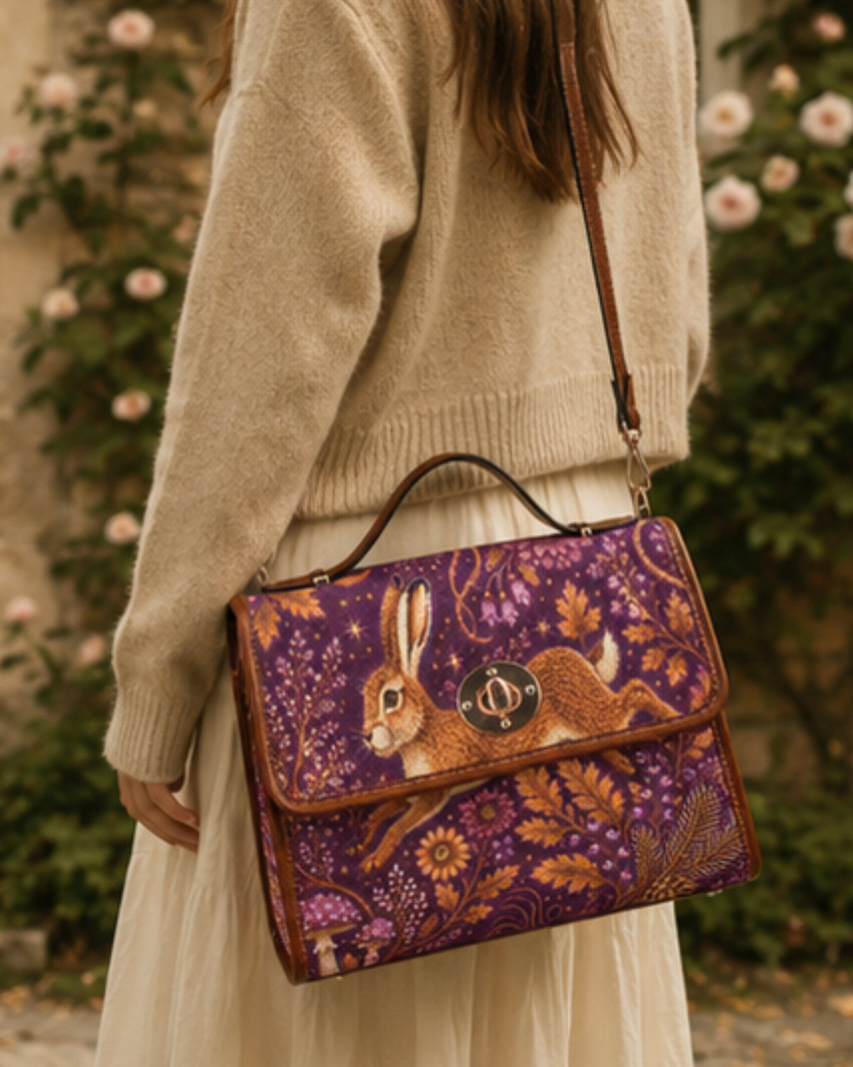 “Purple woodland hare handbag with autumn leaves flowers mushrooms and celestial details”