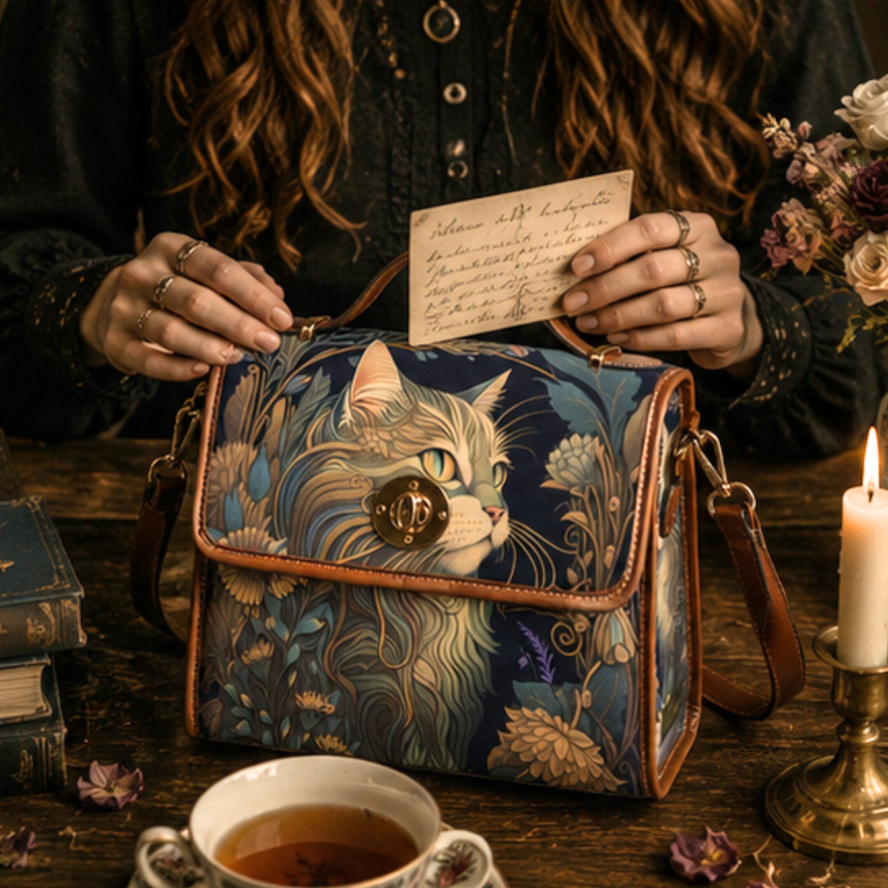 Person holding a card next to a handbag with a cat design on a table with a candle and books.
