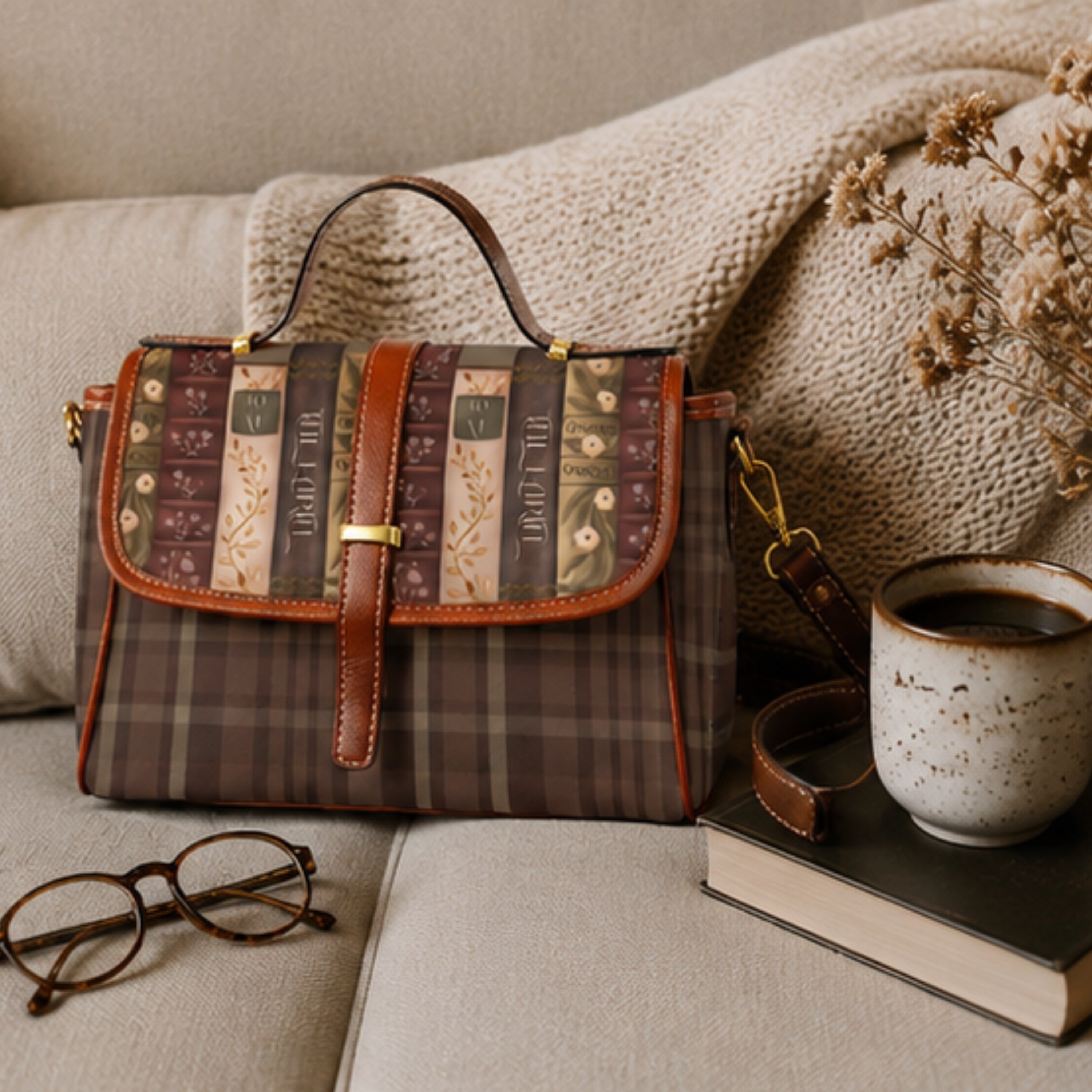 Patterned handbag on a couch with a cup, book, and glasses nearby