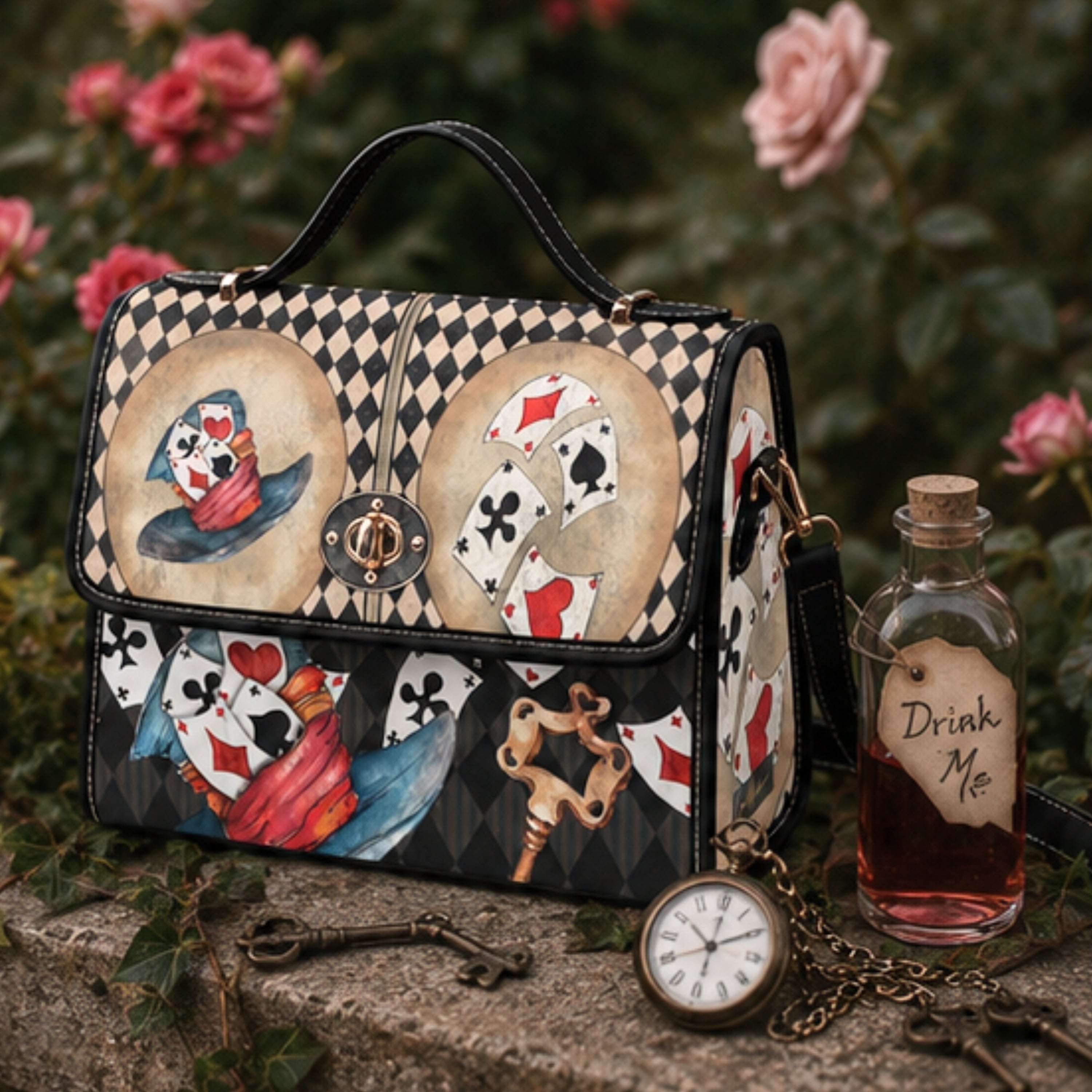 Handbag with playing card design, bottle labeled 'Drink Me', and key on a floral background