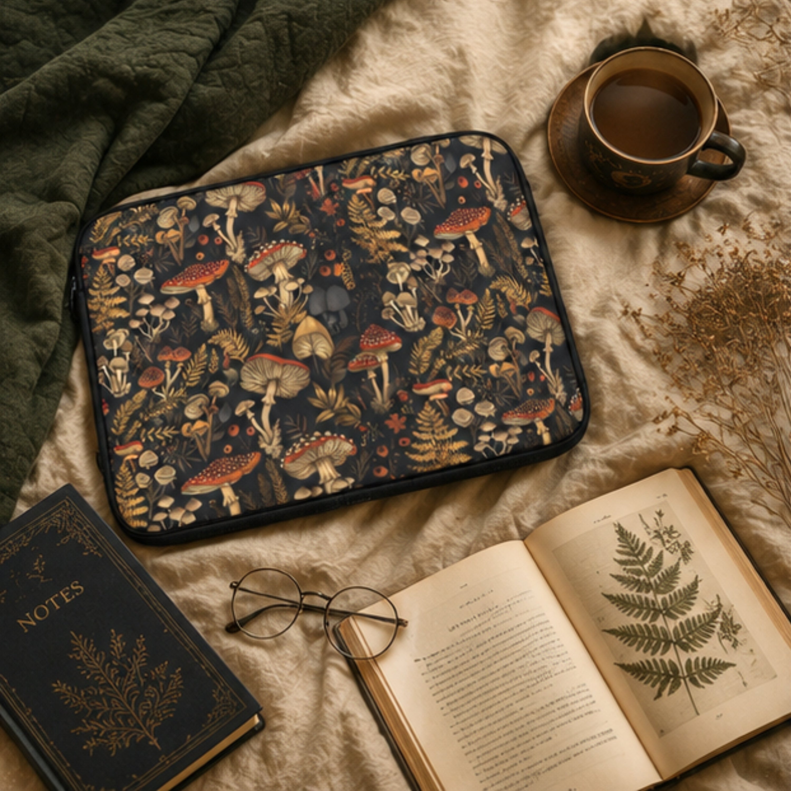 Mushroom-patterned tray with a cup, notebook, and open book on a textured surface
