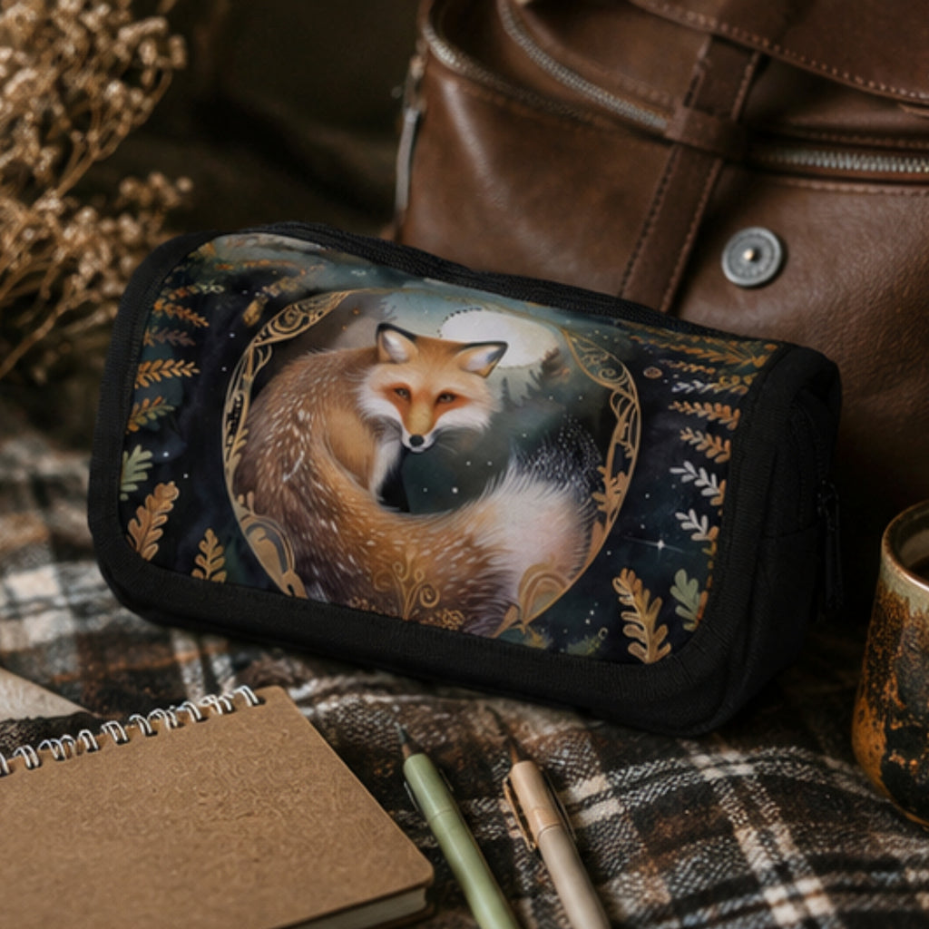 Pouch with fox design on a plaid fabric background