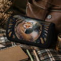 Pouch with fox design on a plaid fabric background