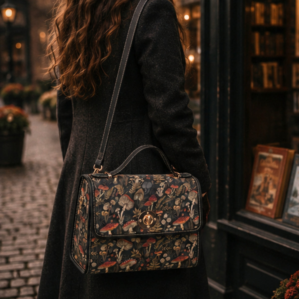 A woman in a dark coat carries a structured rectangular shoulder bag with a dark floral and mushroom print, standing by a shop window on a cobblestone street.