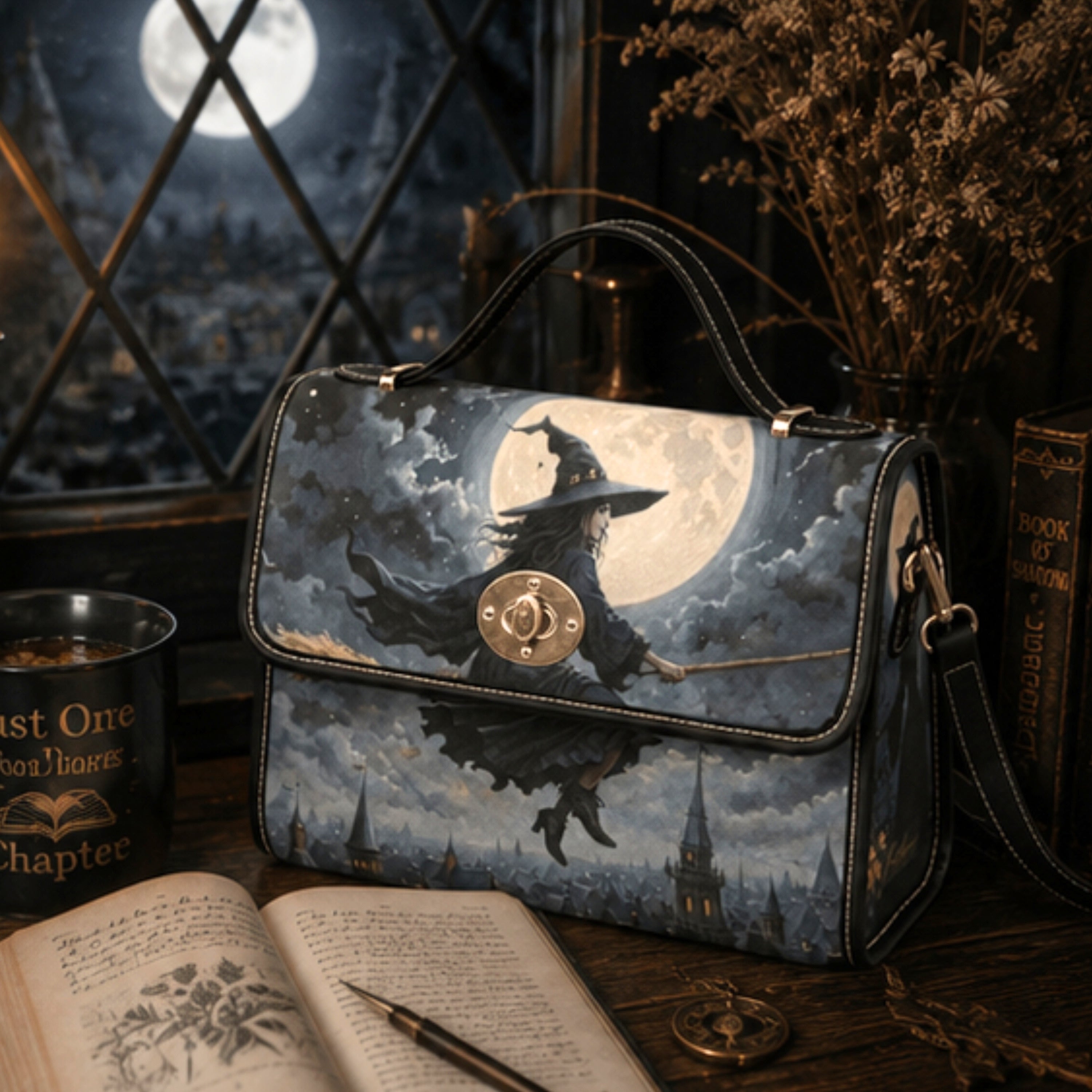 A witch-themed handbag with a printed illustration of a witch riding a broomstick in front of a full moon, styled on a wooden table with books, a candle, and dried flowers.