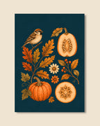 Sparrow and Pumpkins Art Print