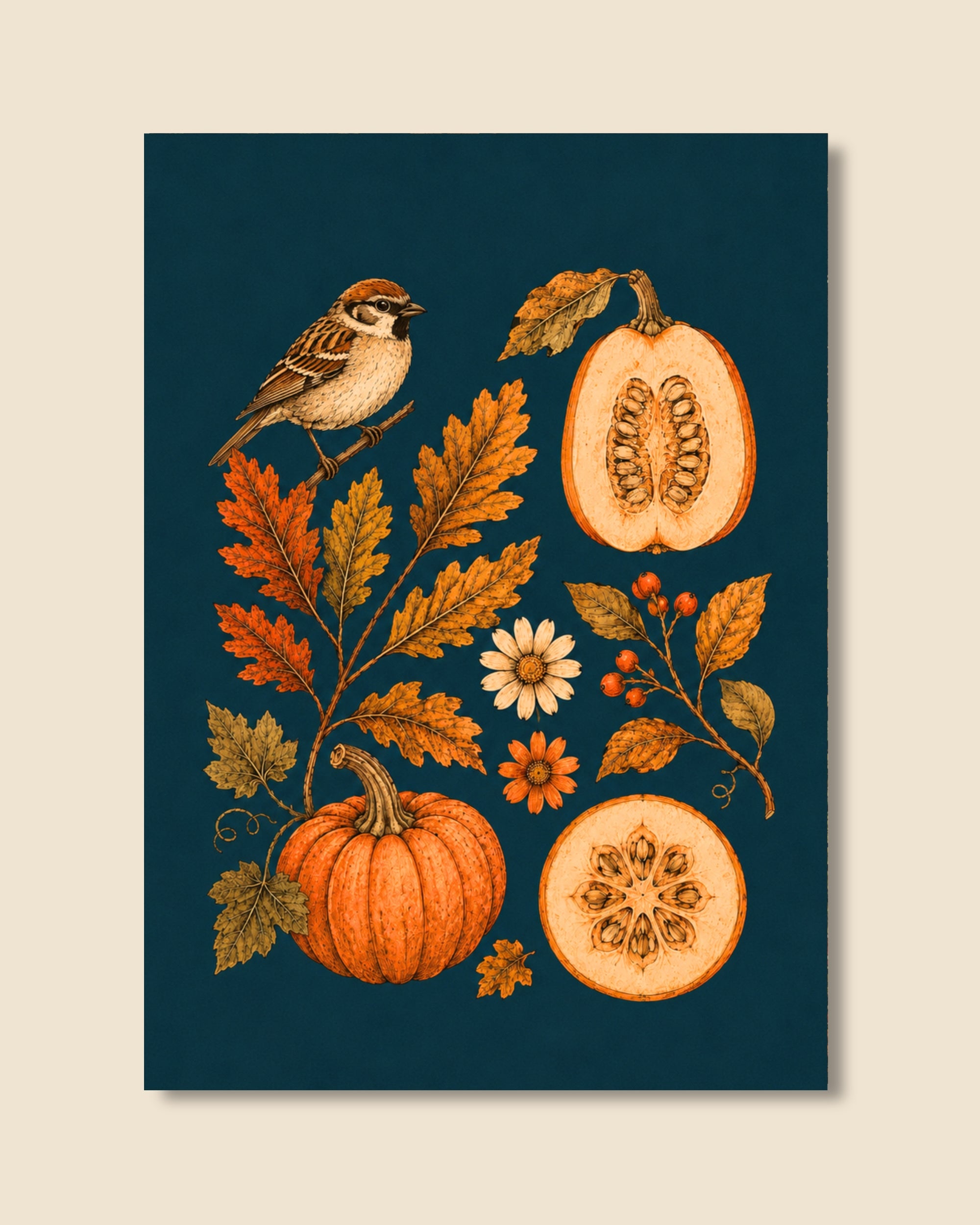 Sparrow and Pumpkins Art Print