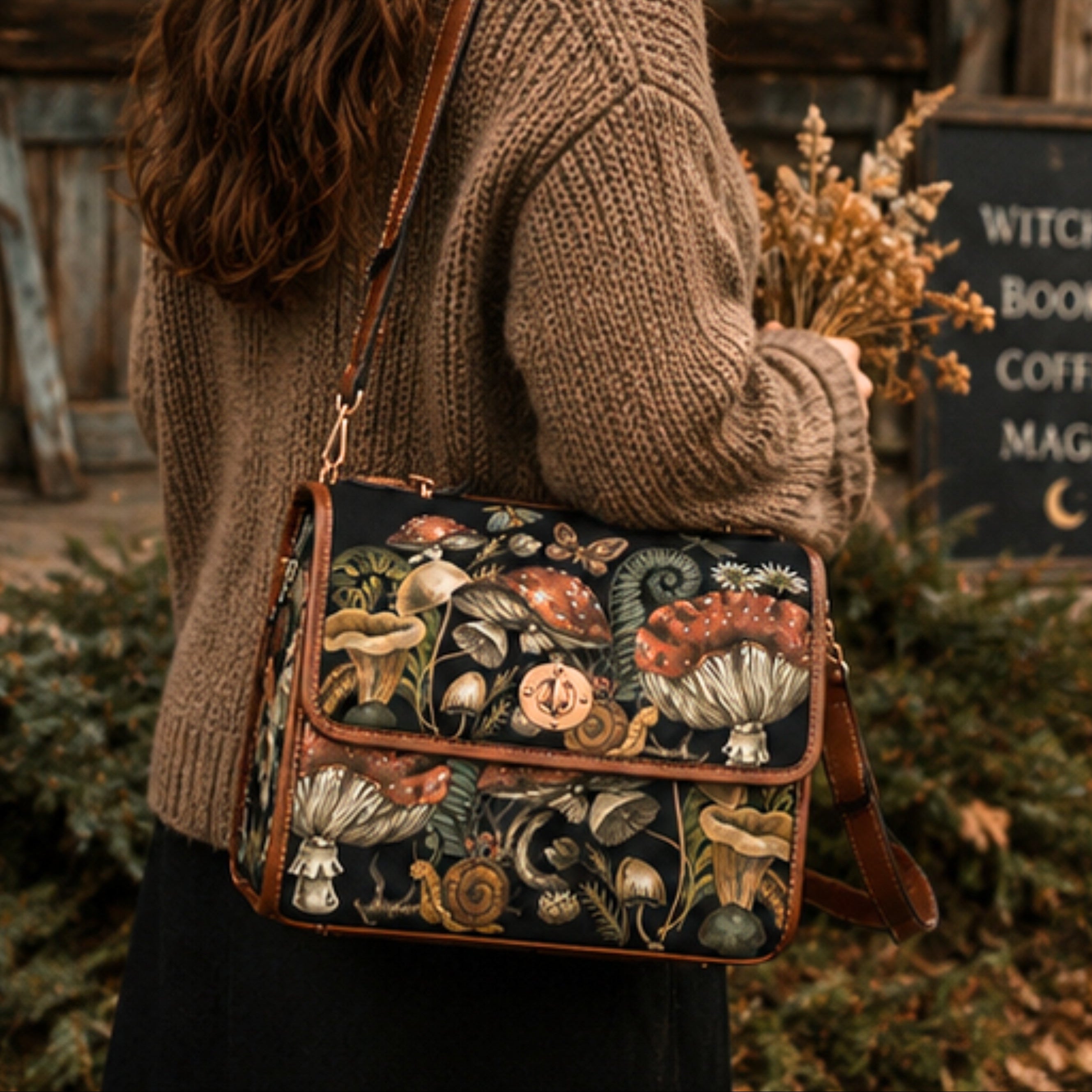 A woman wearing a chunky brown knit sweater carries a dark crossbody bag decorated with a detailed vintage-style woodland illustration of mushrooms, butterflies, and snakes. The background shows a rustic wooden door and a sign that reads 'WITCHES BOOKS COFFEE MAGIC'.