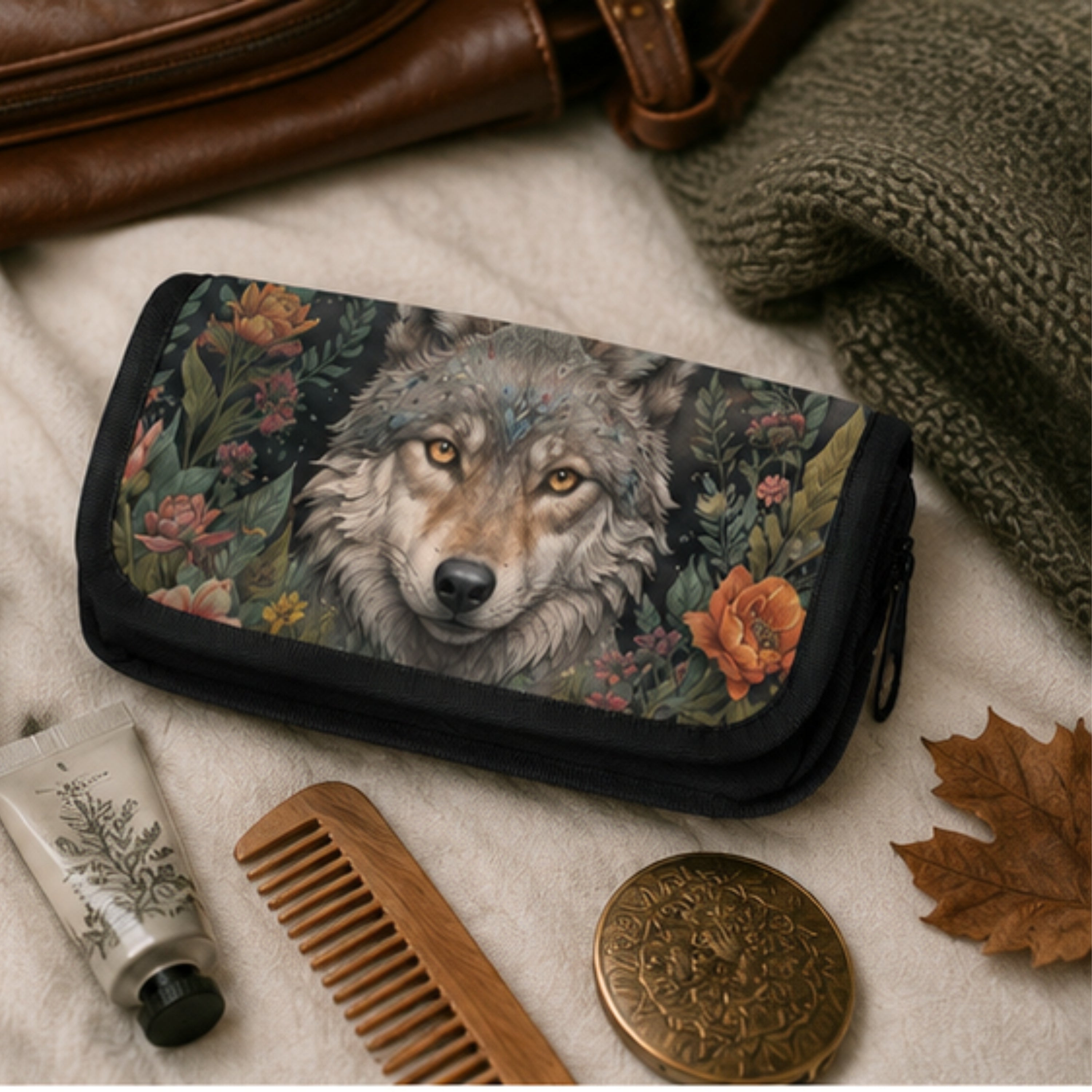 Wallet with wolf design surrounded by personal care items on a textured surface