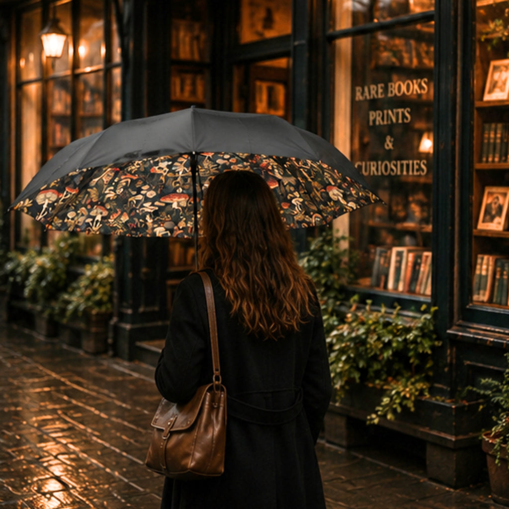 Person with a floral umbrella standing in front of a bookshop at night